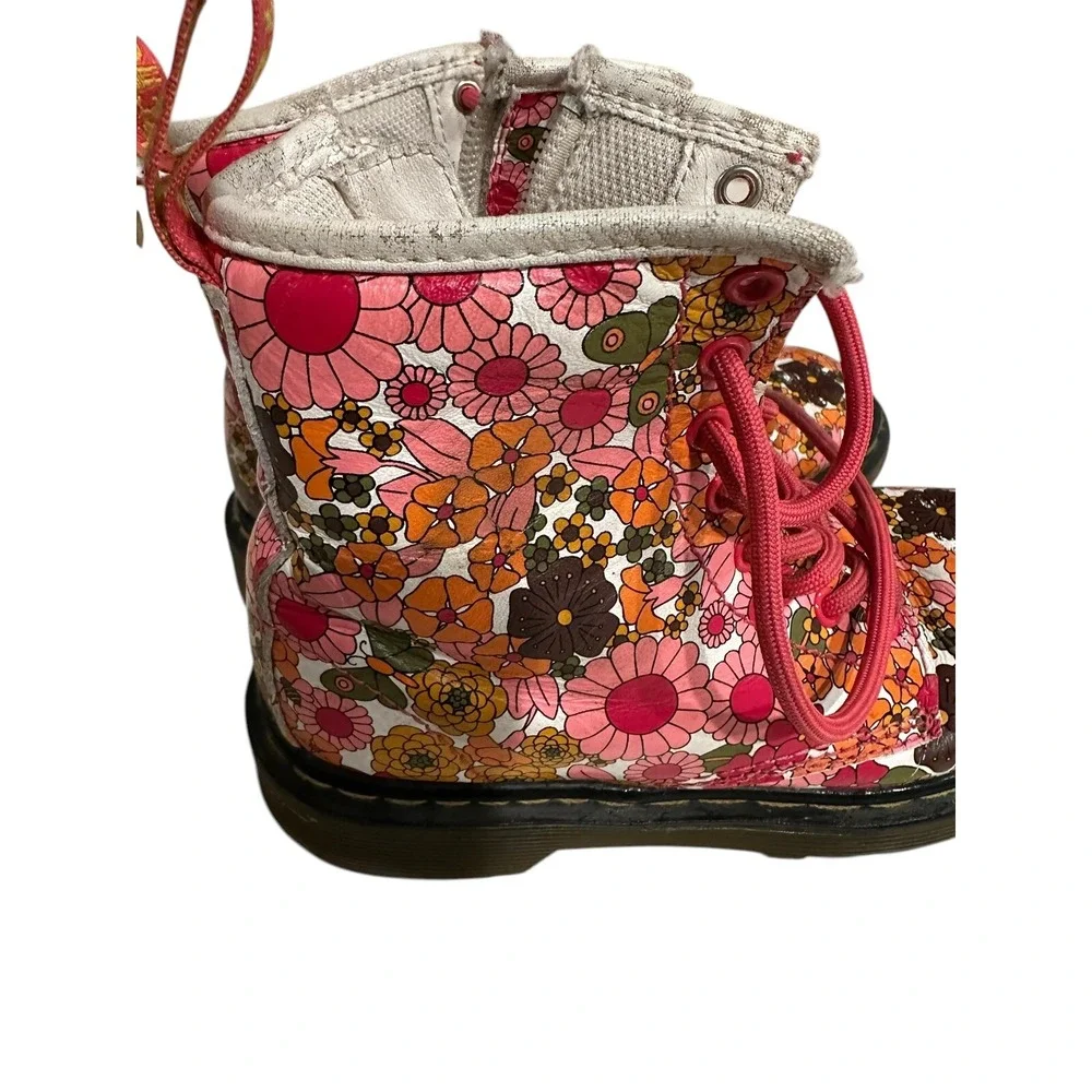 Doc Martens Boots Kids Size 12 Delaney Floral Ankle Side Zip Combat Pink Leather